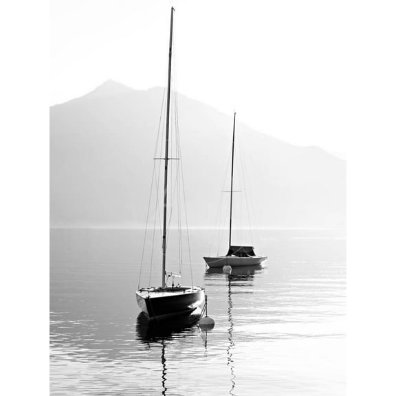 Two Sail Boats in Early Morning on the Mountain Lake Black and White Photography Salzkammergut, A, Scenic Transportation Unframed Photographic Print Wall Art by Kletr Sold by ArtCom