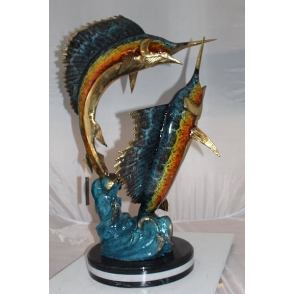 Nifao Two Sailfish fish Bronze Statue, Home Decor Sculpture, 20"L x 16"W x 34"H