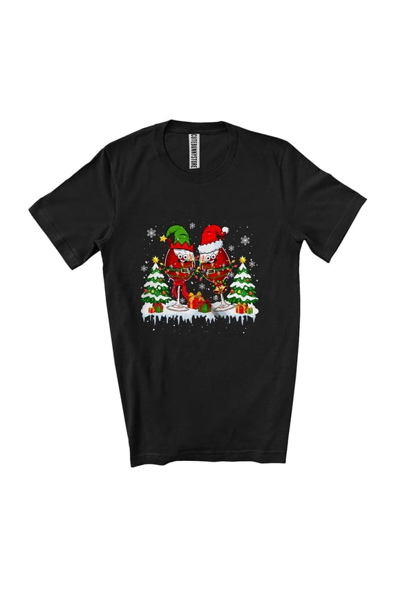 Two Santa Elf Wine Glasses; Amazing Christmas Lights Snow Around; Drinking Drunker Group Unisex T-Shirt