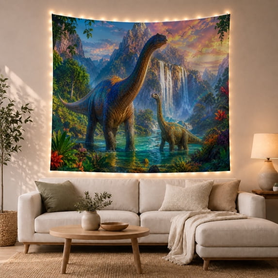Two Sauropods in Turquoise Water with Waterfalls, Serene Fantasy for Dinosaur Lovers, Prehistoric Decor, Birthday Gift, Tapestry Wall Hanging for Bedroom and Dorm