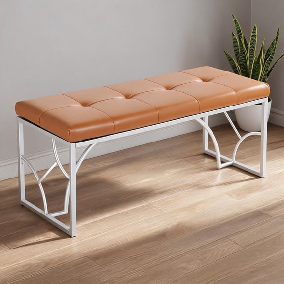 Two-Seat Camel Faux Leather Bench for Dining Room Entryway Contemporary Silver Metal Frame, 43.5 Wide