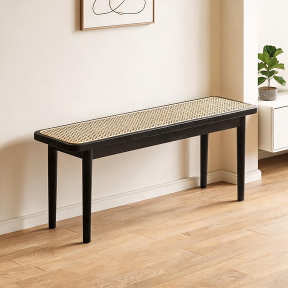 Two-Seat Compact Bench, Matte Black Solid Oak with Natural Rattan Seat