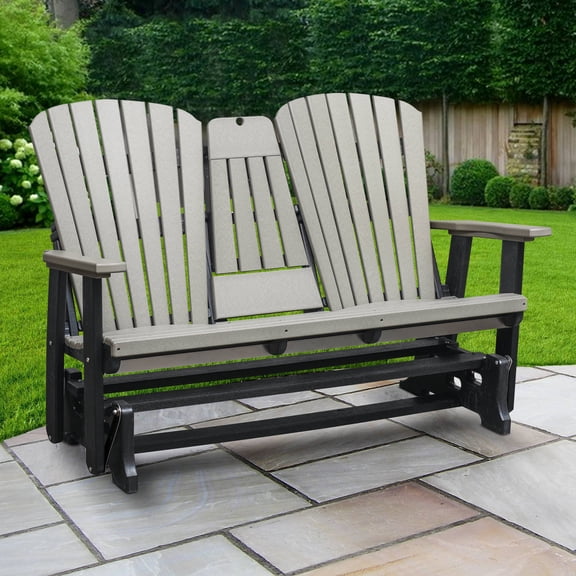 Two Seat Fan Back Glider with Drop Down Table/Cup Holder in Light Gray/Black