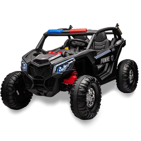 Two Seater 24V Kids Ride on UTV Car, 4WD 300W Motors Powerful Electric Vehicle w/Remote Control, 4 Shock Absorbers, Leather Seats, Music and Lights, Electric Car for Kids, Black