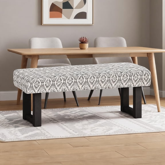 Two-Seater Fabric Bench with Matte Black Print, Bohemian Entryway Accent, 48 Inches
