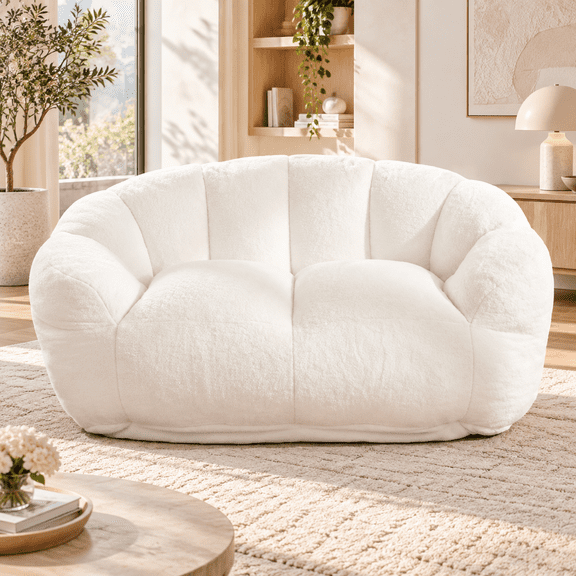 Two Seater Floor Lazy Sofa for Living Room Bedroom, Ultra Soft Fluffy Bean Bag Chair for Adults, Cozy Reading Chair with Filler, Plush Faux Fur Loveseat Bean Bag Sofa for Apartment Dorm, Beige
