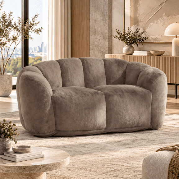 Two Seater Floor Lazy Sofa for Living Room Bedroom, Ultra Soft Fluffy Bean Bag Chair for Adults, Cozy Reading Chair with Filler, Plush Faux Fur Loveseat Bean Bag Sofa for Apartment Dorm, Brown