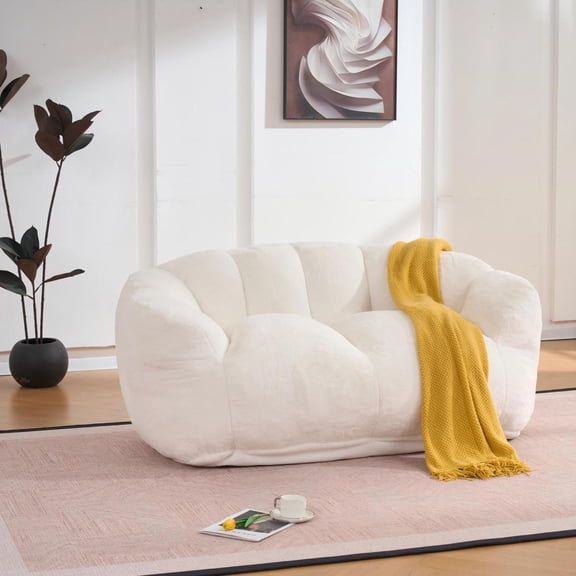 Two Seater Fluffy Bean Bag Sofa Beige Soft Floor Lazy Sofa For Adults