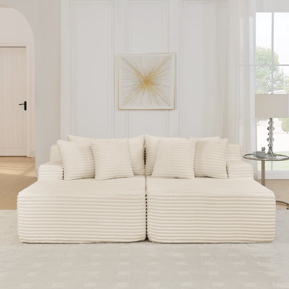 Two-Seater Lazy Sofa Lounge Chair, Compressed Velvet Sofa with High-Density Foam, No Assembly Required, Fluffy Modern Lounge Chair for Living Room, Bedroom, Apartment, Beige