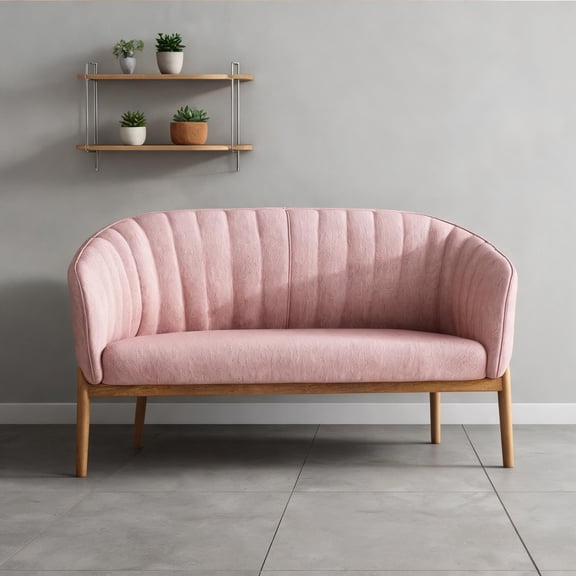 Two-Seater Mid-Century Modern Loveseat, Blush Pink Fabric, Channel-Stitched Backrest