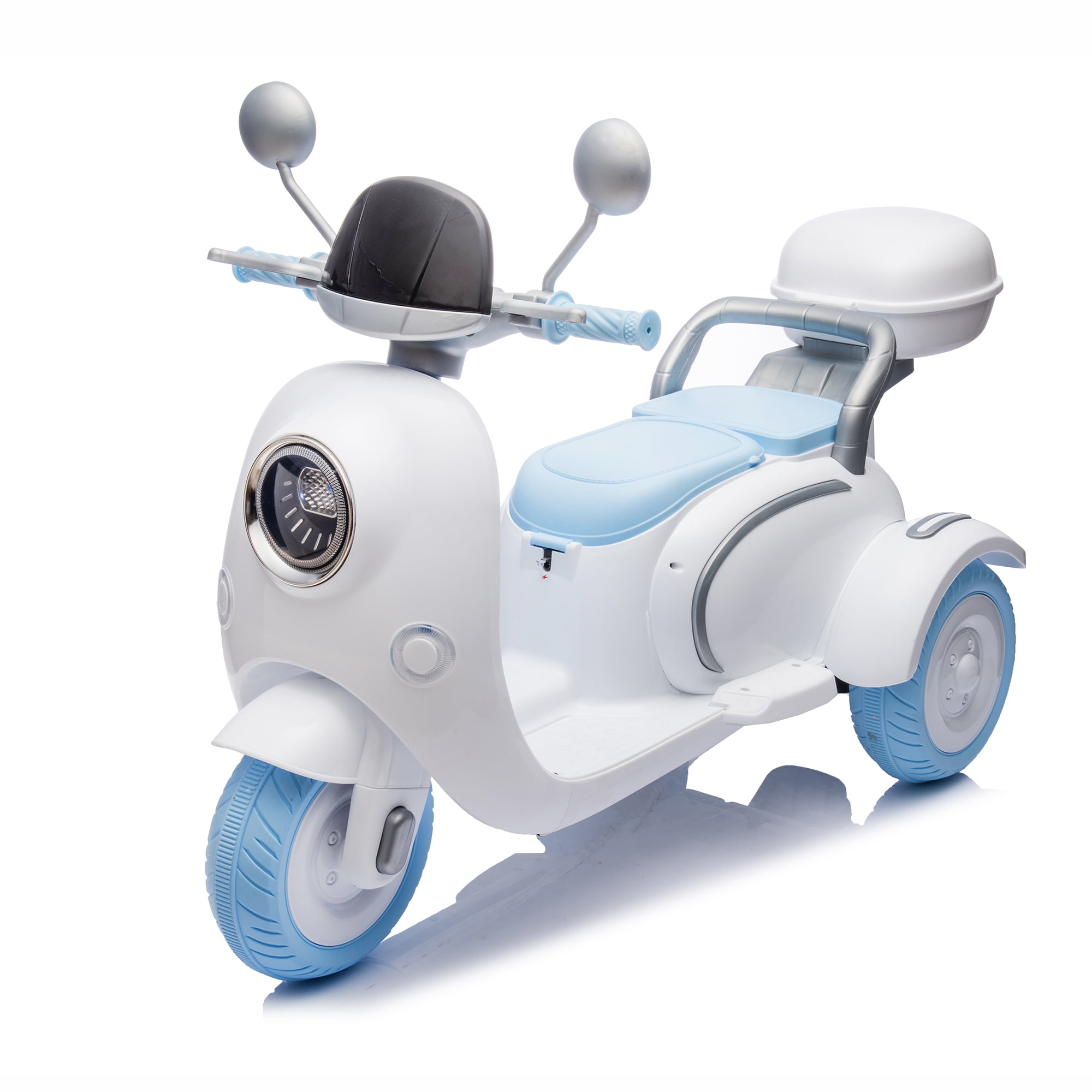 Two-Seater Ride On Electric Motorcycle, 3-Wheel Battery Powered Motorbike with Multi-Function Player, USB, Bluetooth, Backseat Flip Adult Seat, Gift for Kids Ages 3-6