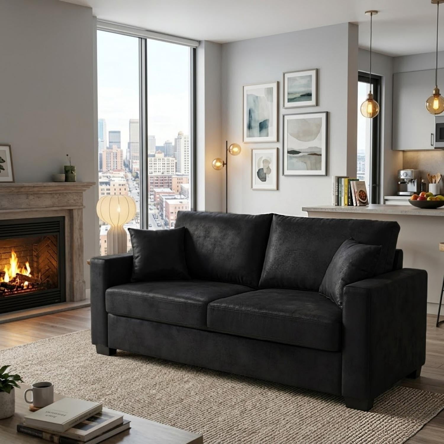 Two-Seater Sofa 69-Inch with Foil Fabric and 2 Throw Pillows Included, Modern Loveseat and Apartment Couch for Living Room Bedroom, Black