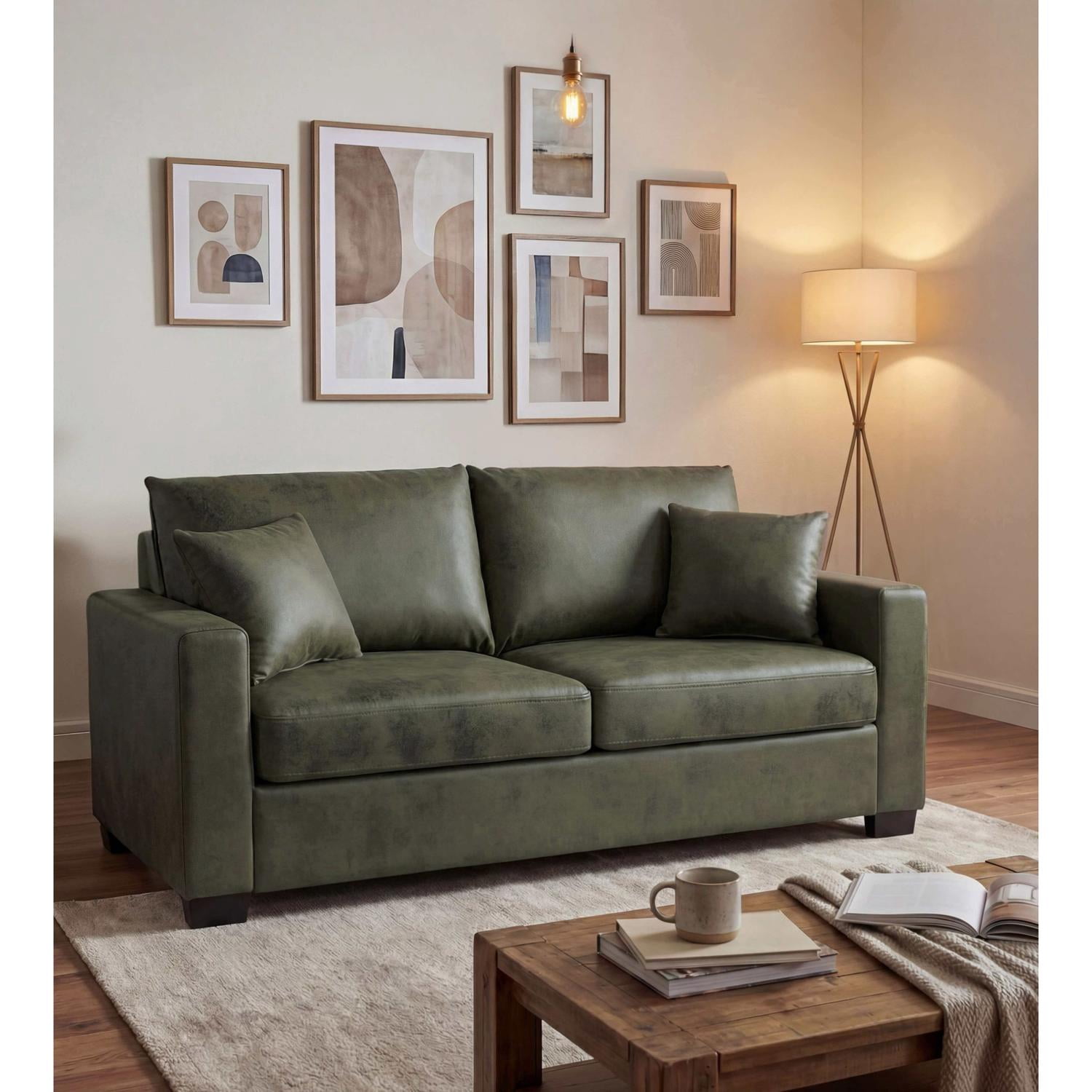 Two-Seater Sofa 69-Inch with Foil Fabric and 2 Throw Pillows Included, Modern Loveseat and Apartment Couch for Living Room Bedroom, Olive Green