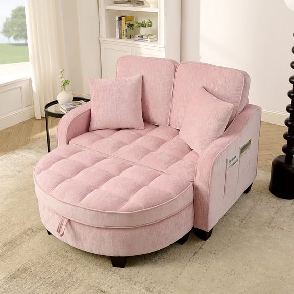 Two-Seater Sofa, Double Sofa Chaise Longue, with Irregular Armrests and Backrests, Footrest with Storage Space, Comes with Two Small Throw Pillows, Suitable for Living Room and Bedroom (Pink)