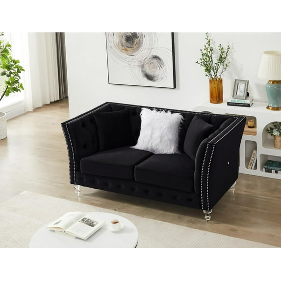 Two-Seater Sofa, Modern Lounge Couch Sofa with Three Pillows, Deep Tufted Button Luxury Loveseat with Acrylic Feet for Living Room, Bedroom and Apartment