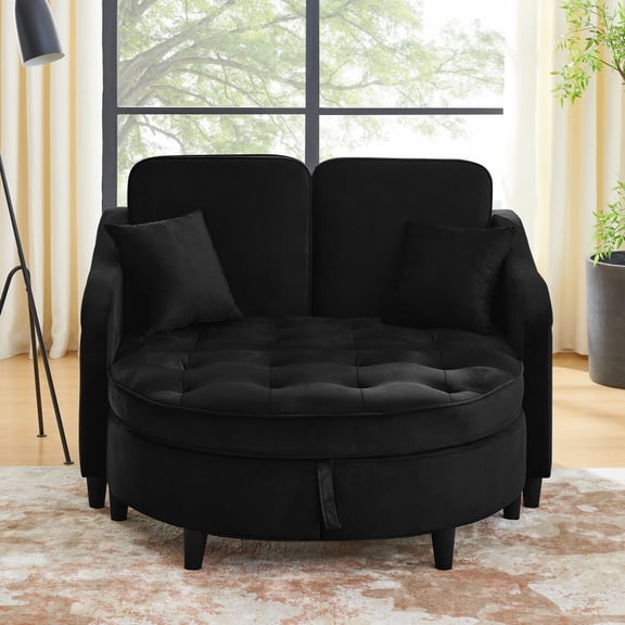 Two-Seater Sofa with Curved Storage Footstool & USB Charging, Black Polyester Loveseat with Adjustable Backrest & Side Pockets for Living Room