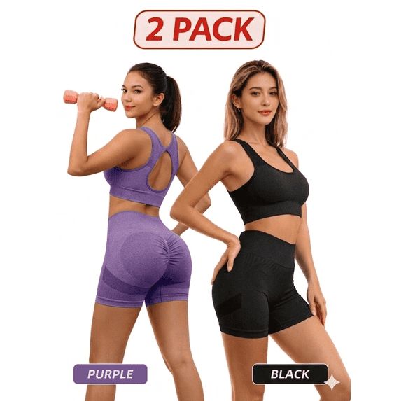 Two Set 2pcs Women's High-Waist Tie-Dye Yoga Leggings Set Sports Bra High Support Buttock-Lifting Workout Shorts Pilates Training Set Gym Clothing Running Cycling Suit.Purple,Black