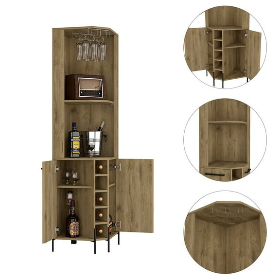 Two Shelves Corner Bar Cabinet For Parties In Stylish Design 9pc Capacity Stemware Holder Modern Style With
