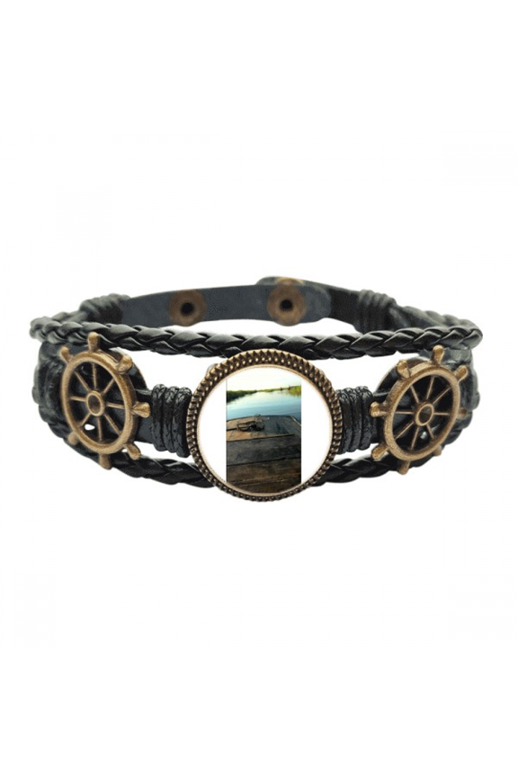Two Side Field Art Deco Fashion Leather Braided Ocean Bracelet Wristband
