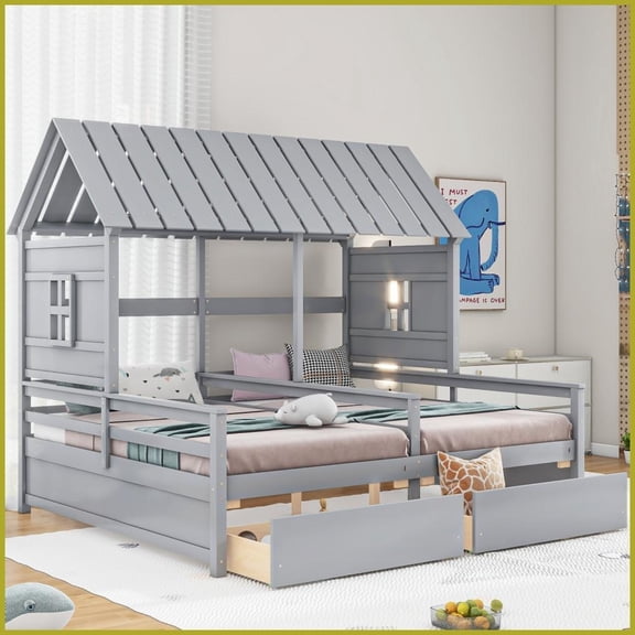Two Side-by-Side Twin Size Pine Wood & MDF House Platform Bed with 2 Drawers, No Box Spring Needed, Gray for Shared Rooms