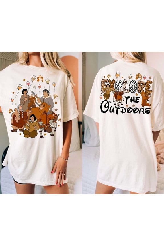 Two Sided Disney Brother Bear Mickey Balloon Kenai Koda Rutt Tug Tuke Explore The Outdoors T-Shirt, Disneyland Family Trip Matching 2025,Ivory color,size 3XL