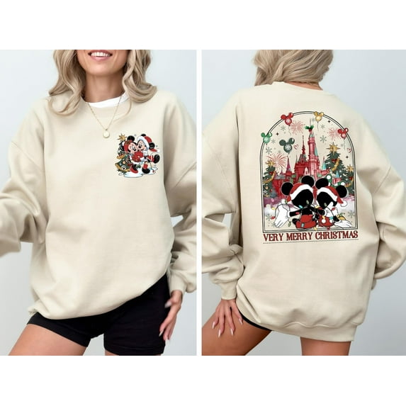 Two-Sided Mickey Minnie Christmas Shirt, Mickey's Very Merry Christmas Party Sweatshirt, Disney Couple Christmas Sweater,Sand Color,Size M