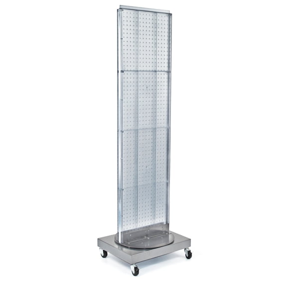 Two-Sided Pegboard Floor Display on Revolving Wheeled Base. Spinner Rack Stand. Panel Size: 16"W x 60"H