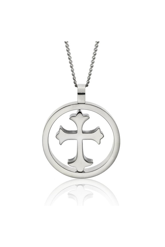 Two-Sided Stainless Steel Encircled Cross Pendant Necklace
