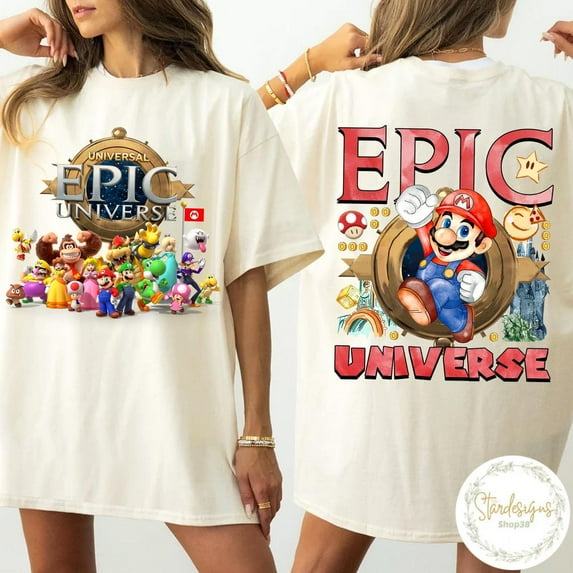 Two-Sided Super Mario Epic Universe T-Shirt, Mario Luigi Princess Peach Epic Universe Family Shirt, Epic Family Vacation 2025 Tee,Ivory Color,Size 2XL