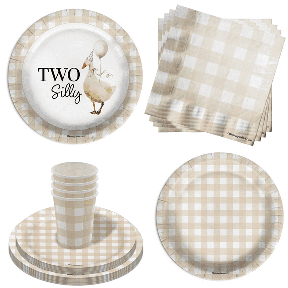 Two Silly Goose 2nd Birthday Party Supplies - 64 Piece Second Birthday Tableware Set Includes Large 9" Dinner Plates and 8" Dessert Paper Plates Napkins Cups - Kit for 16