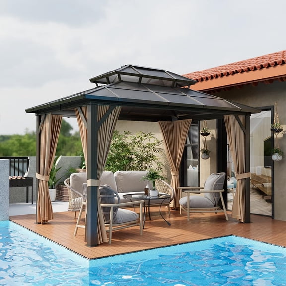 Two Size All-Weather Aluminum Pavilion with Dual-Layer Polycarbonate Roof – Permanent Outdoor Metal Structure with UV-Resistant Canopy & Removable Curtains