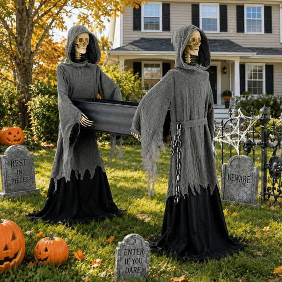 5 Ft. Dual Grim Reaper Skeleton Coffin Carriers Premium Haunted House & Yard Halloween Decor