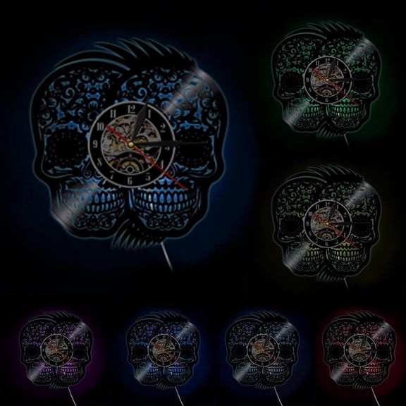 Two Skull Heads Halloween Wall Art Skeleton Heads Vinyl Record Wall Clock Home Decor Death Skulls Modern Wall Clock Handmade Art With LED