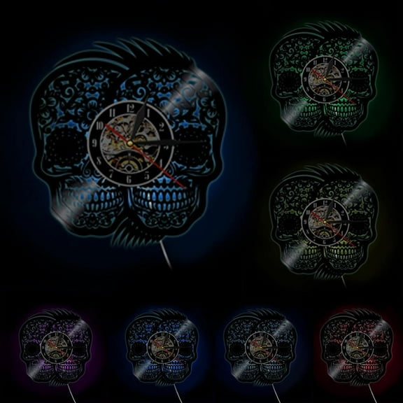 Two Skull Heads Halloween Wall Art Skeleton Heads Vinyl Record Wall Clock Home Decor Death Skulls Modern Wall Clock Handmade Art