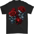 thumbnail image 1 of Two Skulls With Roses Gothic Goth Mens T-Shirt 100% Cotton, 1 of 1