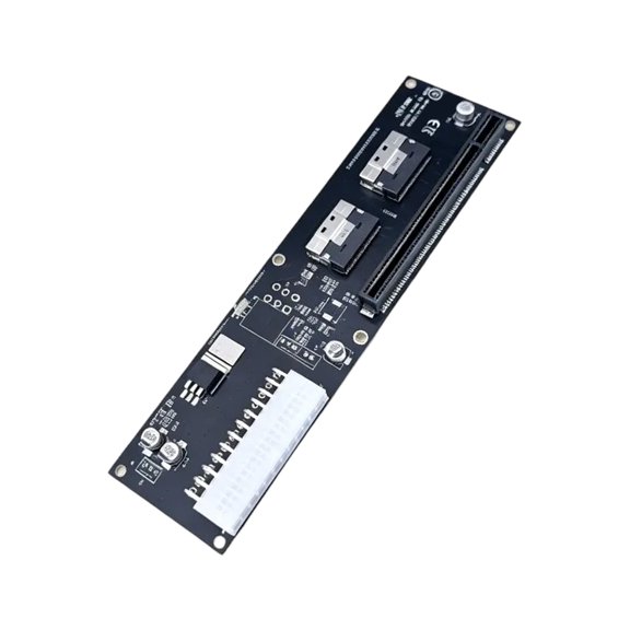 Two-Slot PCIe Interface Adapter with PCIe x16 to SFF-8654 Connectors, Compact Board Layout for External Graphics and Enclosure Space Planning Needs