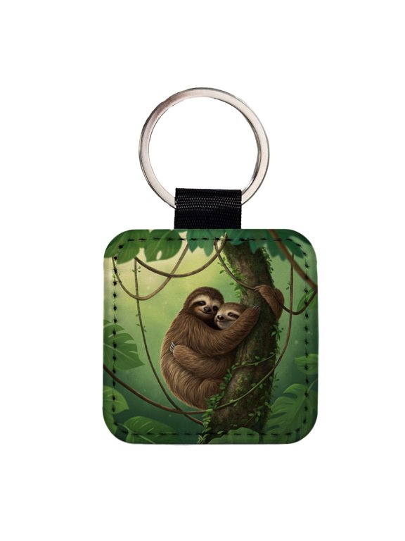 Two Sloths Hugging Faux Leather Square Keychain