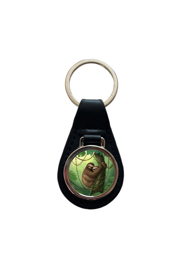 Two Sloths Hugging Metal Black Leather Keychain