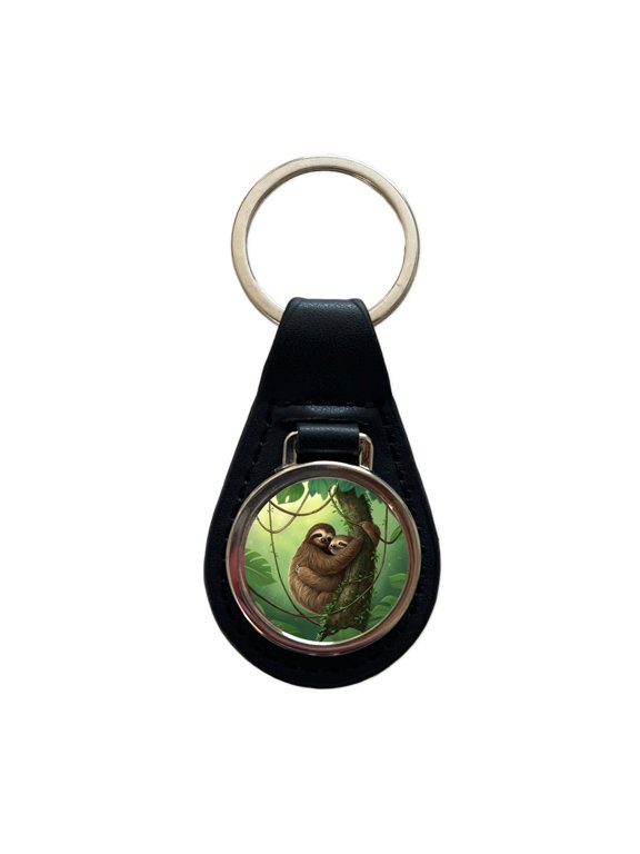 Two Sloths Hugging Metal Black Leather Keychain