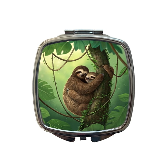 Two Sloths Hugging Travel Makeup Handbag Purse Small Pocket Compact Mirror
