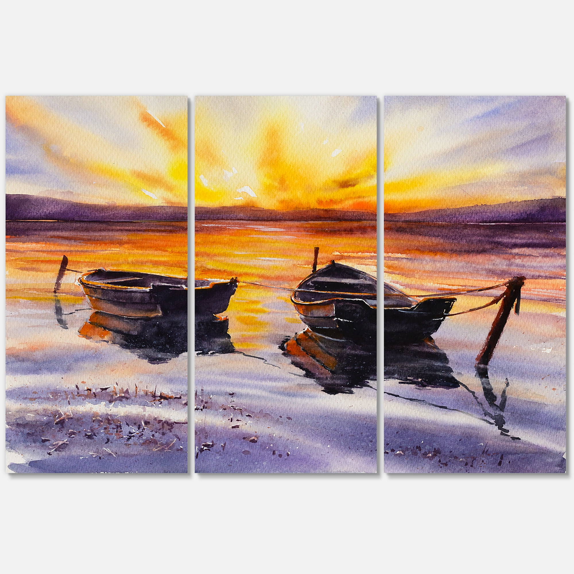 Two Small Boats Parking On The Shore and Sunset 28 in x 36 in Painting Canvas Art Print, by Designart