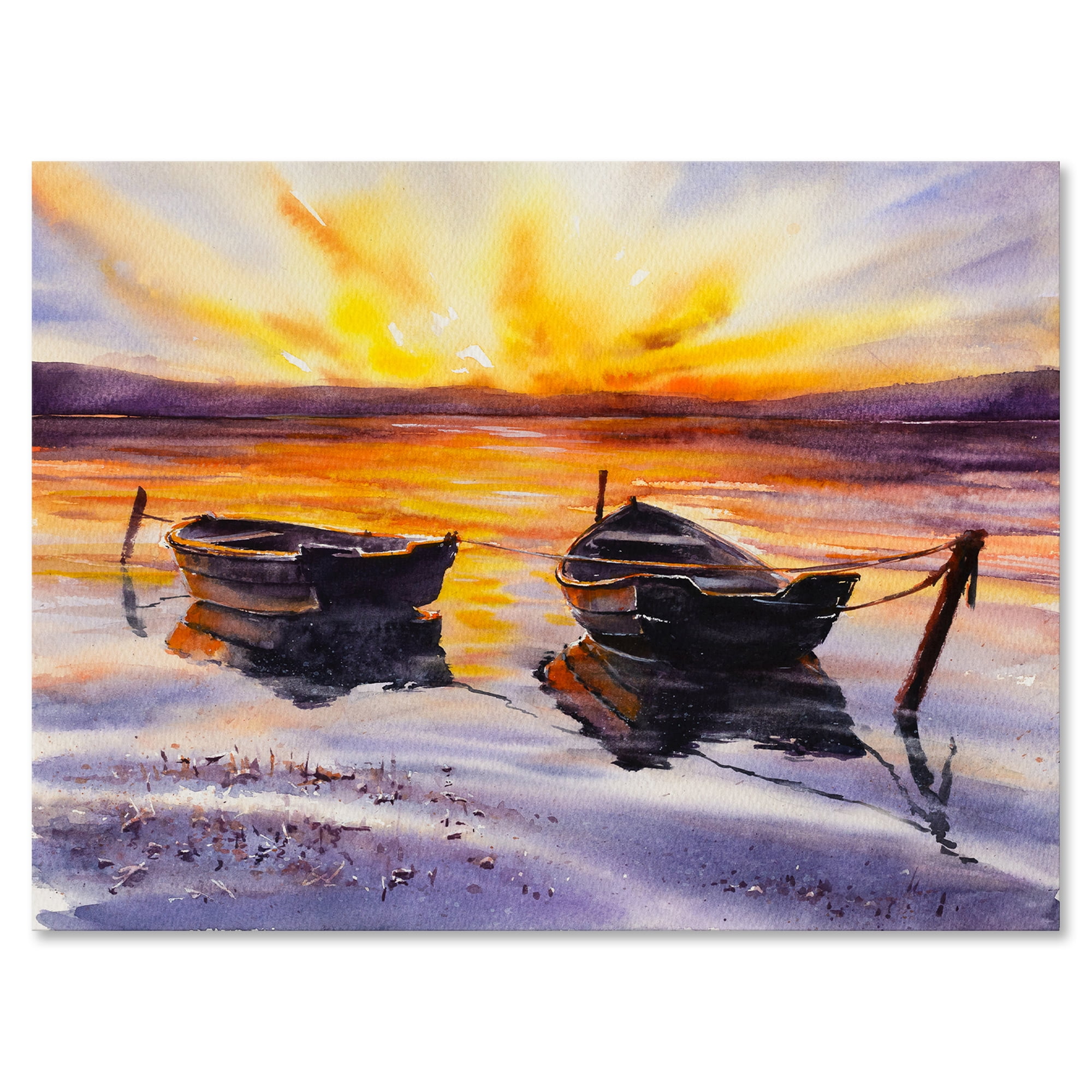 Two Small Boats Parking On The Shore and Sunset 32 in x 24 in Painting Canvas Art Print, by Designart