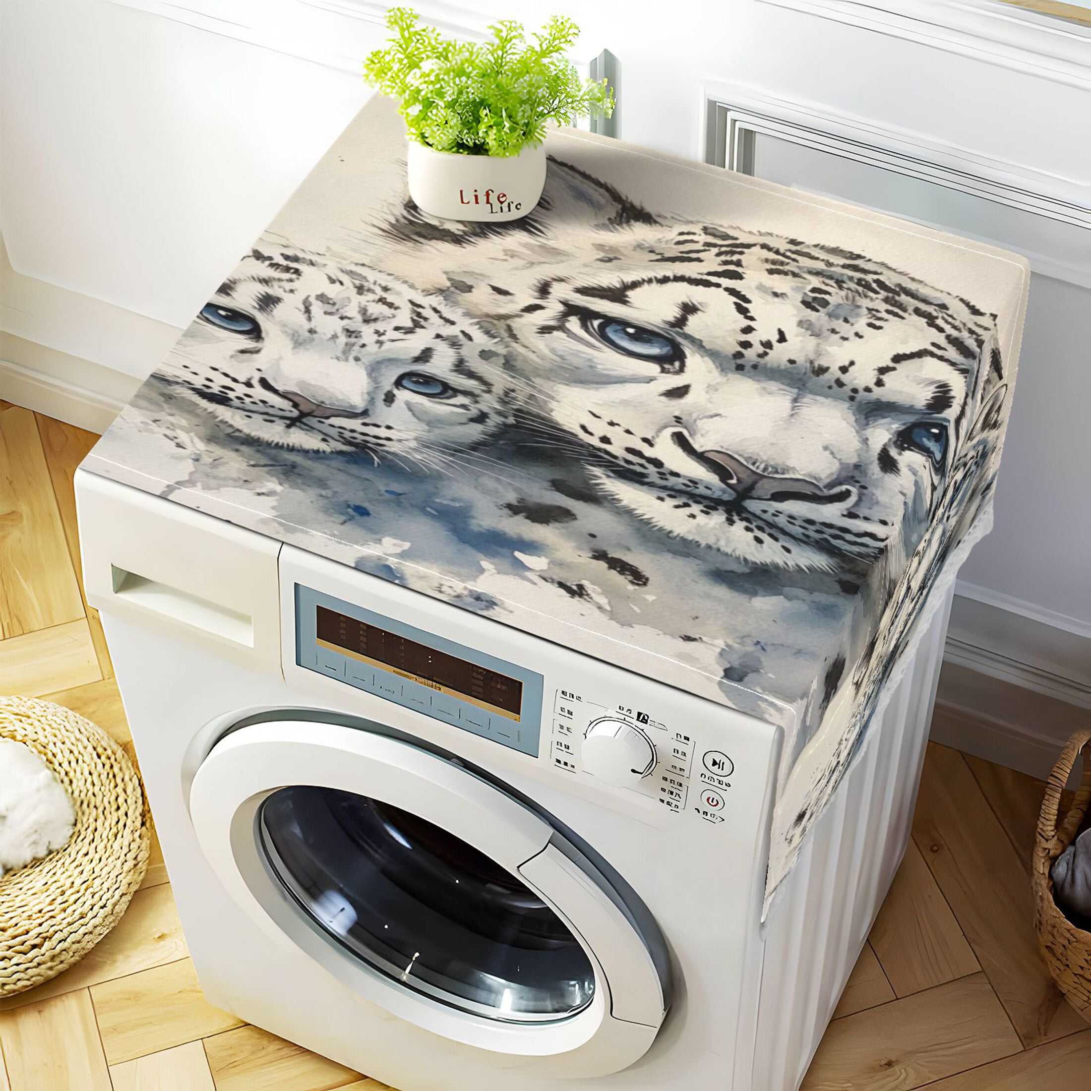 Two Snow Peopards PaintingWasher and Dryer Covers Dust-Proof and Oil Resistant Fridge Cover with 4 Storage Pockets Washing Machine Top Cover for Laundry Kitchen Home 51.2 x 22 In