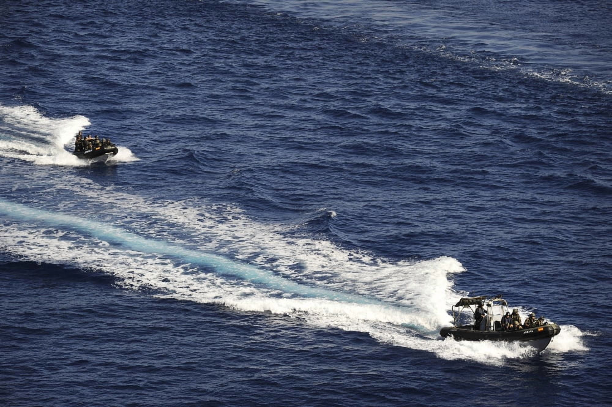 Two Spanish navy ridged-hull inflatable boats cruise at high speed in the Mediterranean Sea Canvas Art - Stocktrek Images (34 x 23)