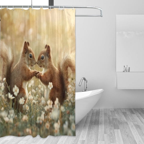 Two Squirrel Holding Hands in Flowers Shower Curtains with 12 Hooks Waterproof Bathroom Decor 66" x 72"