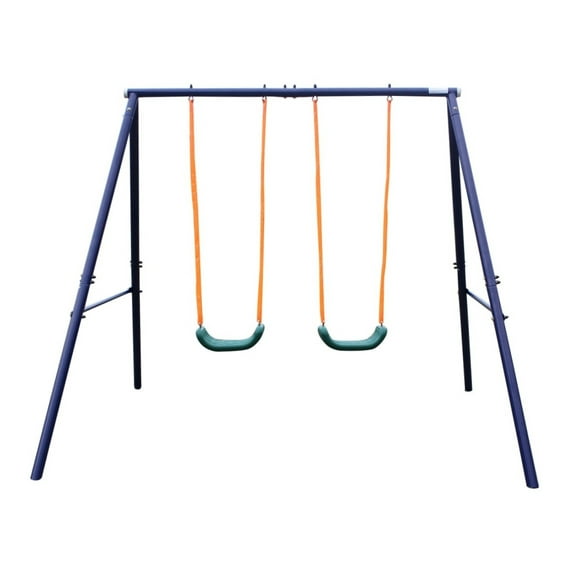 Two Station Children Swing Set - Heavy Duty Steel Frame, Weather Resistant, Ages 3-8, Outdoor Playground Equipment Blue + POLYETHYLENE