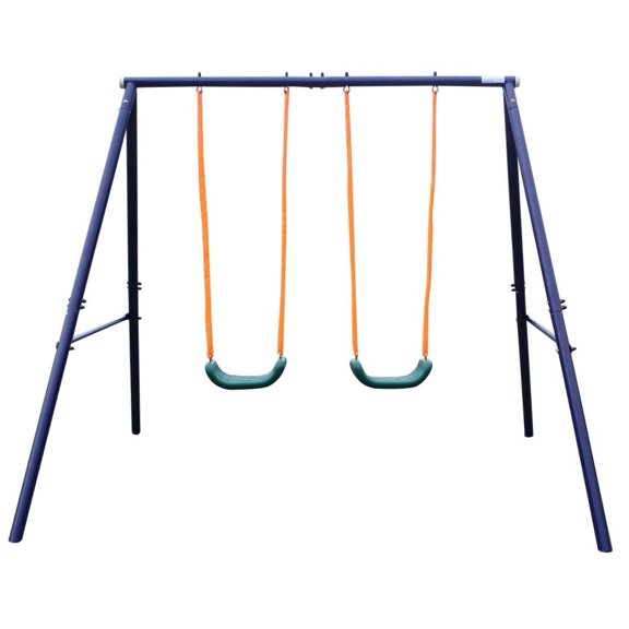 Two Station Swing Set for Children, Blue Metal Frame with A-Frame Construction, Weather-Resistant Bench Swing for Ages 3-8