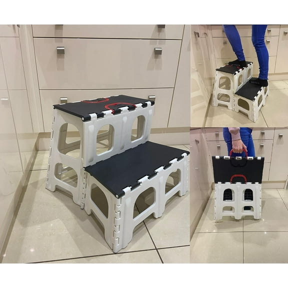 Two Step Folding Step Stool Non-Slip Feet Fold Away Collapsible Step Stool Ladder Supports 330lbs Sturdy Black White
