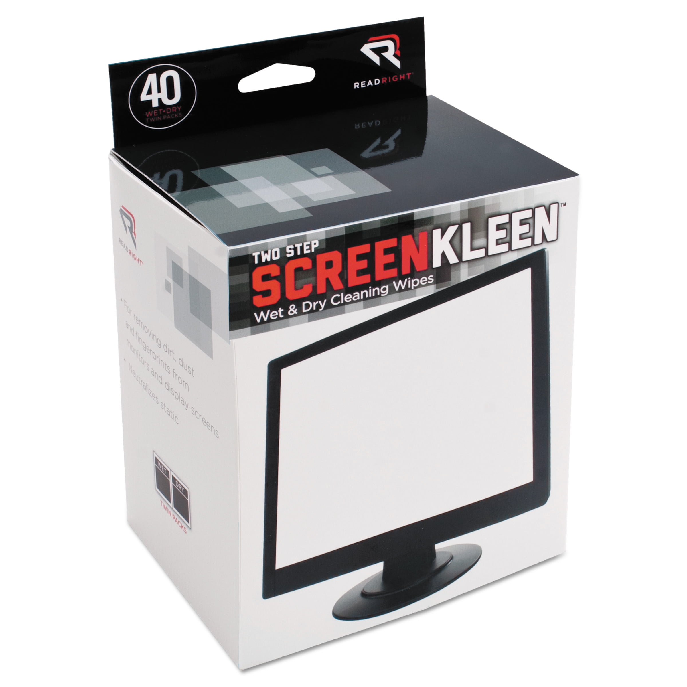 Two Step ScreenKleen Wet and Dry Cleaning Wipes, 5 x 5, Unscented, 40/Box