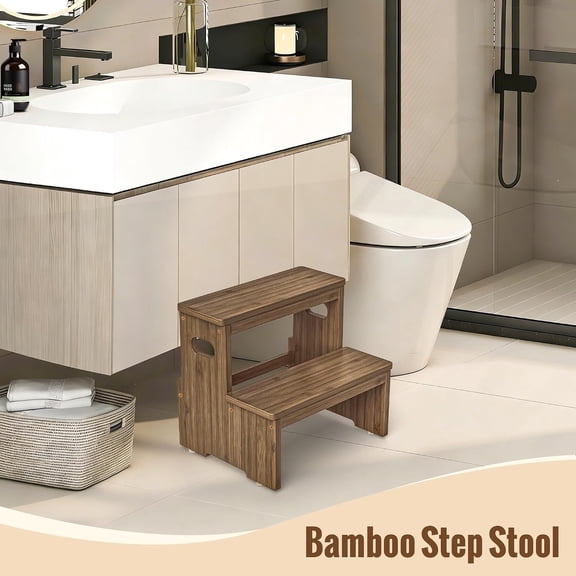 Two Step Stool for Adults and Kids, 450lbs Heavy Duty Bamboo Step Stool for High Beds, Portable Helper Step Stairs for Kitchen Bathroom RV Bedside, Walnut